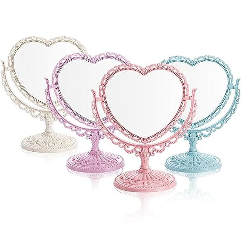 DEAYOU 4 Pack Heart Shaped Cosmetic Mirror, Vintage Vanity Tabletop Mirror with Double Sided, Rotatable Dresser Mirrors with Stand for Makeup, Girl, Women, Beauty, Spa Party, 4 Color