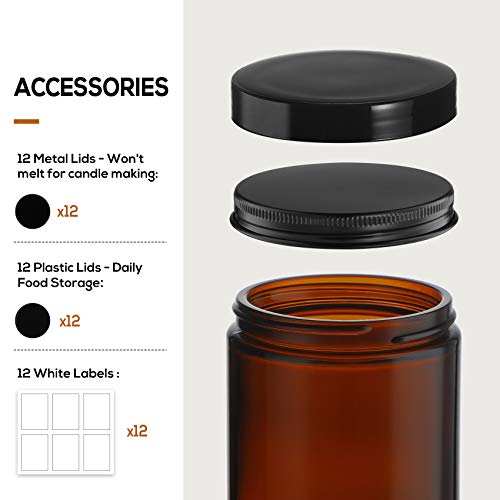 8oz Dark Amber Candle Jars - 12 Pack with Metal & Plastic Lids