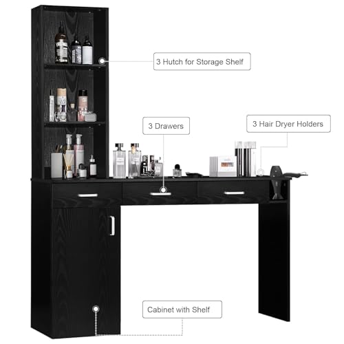 Black Salon Station w/ 3 Drawers, Cabinet & 3 Dryer Holders
