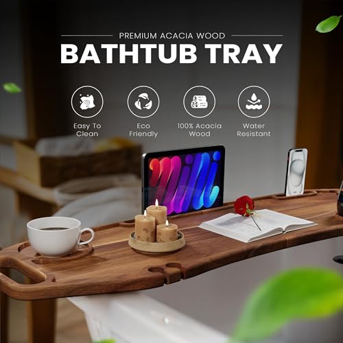 Lush & Style Premium Large Bathtub Tray Large & Thick 35x10 Inch, Acacia Wood Luxury, Waterproof, Non-Toxic, Adjustable Legs, No Tools Required,Caddy Tray, Luxury Bath Accessories,New Home Essenials