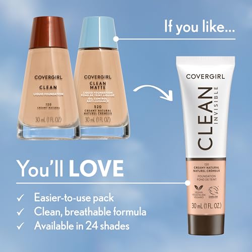 COVERGIRL Clean Invisible Foundation Makeup, Dewy & Glowy Natural Finish, Buildable Coverage, Skin-Like Smooth Look, Vegan, Creamy Beige, 1oz (Pack of 2)