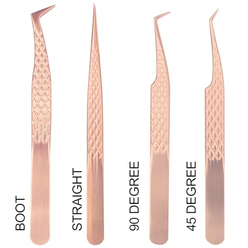 Fiber Tip Lash Tweezers For Eyelash Extension 4 Pcs Tweezers Professional Artist Tech Work Kit Tools,Best Volume Eyelash Lashes Extensions Precision Supplies Volume Boot 90 45 Degree(Rose Gold)