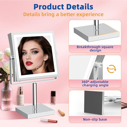 Ruacq Makeup Mirror with Lights, 4000mAh Rechargeable Magnifying Mirror with Light, 1X/10X, Height Adjustable Bathroom Vanity Mirror, 3 Colors, Adjustable Brightness (Chrome)