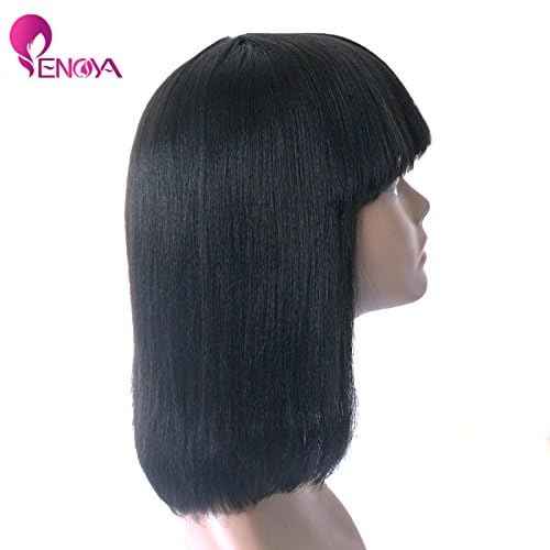 Enoya Bob Wig Human Hair Wear and Go Glueless None Lace Front Wigs with Bangs, Light Yaki Straight Full Machine Made Wig 180% Density Short Bob Wigs for Black Women (10" Color #1)