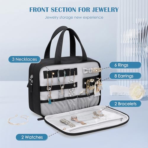 Travel Toiletry Bag with Jewelry Organizer, Hanging Toiletry Bag for Toiletries Puffy Cosmetic Make up Bag Organizer Carry-on Travel Accessories Essentials,Black