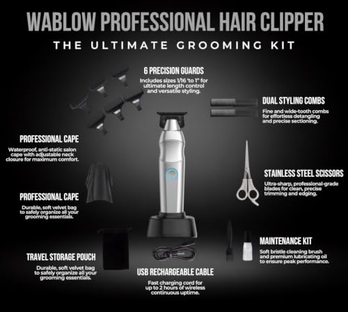 Wablow Silver Professional Hair Clippers for Men – Cordless Low-Noise Barbershop Clipper with Docking Station & 6 Guide Combs