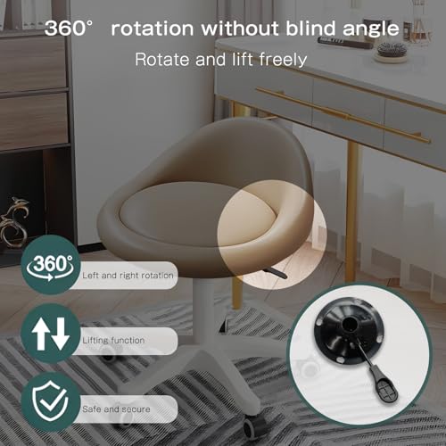 Rolling Stool ? Ergonomic Swivel Seat, Adjustable Height, Ultra-Quiet Wheels, Padded PU Leather Cushion, for Salon, Office, Massage & Medical Use Khaki