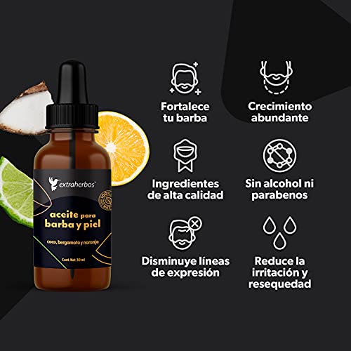Extraherbos Beard and Skin Oil 30ml - 100% Natural and Organic with MCT Coconut, Bergamot, Vitamin E - Stimulates Growth, Deep Hydration, Softens and Strengthens - Cedar Scent