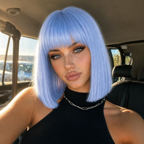 Light Blue Bob Wig 12 Inch Short Straight Synthetic Hair