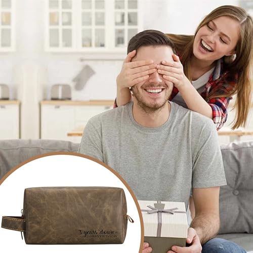 3rd Years Leather Anniversary Present for Him, 3 Years Wedding Gifts for Husband Anniversary, Engraved PU Leather Toiletry Bag and KeyChain