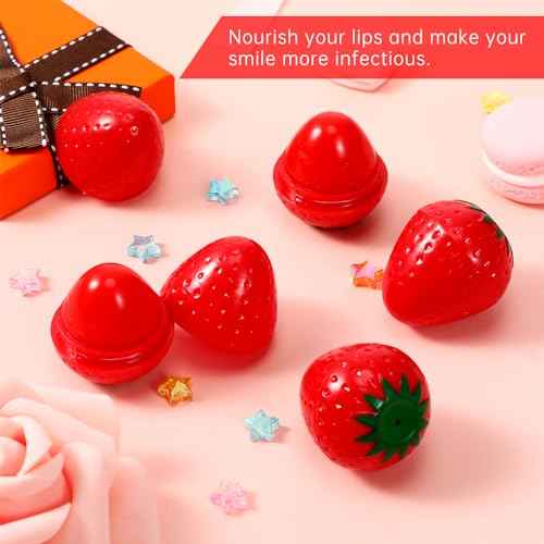 12 Pcs Cute Lip Balm Strawberry Wrinkle Repair Moisturizing and Plumping Lasting Hydrating Strawberry Shaped Lip Protector for Women Valentines Gift