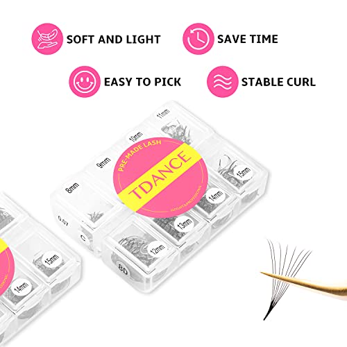 TDANCE 600 Fans Premade Fans Eyelash Extensions Natural & Volume Mixed Length Premade Lash Fans 5D-24D Handmade Promades Eyelash Fans C/D Curl Loose Fans(600-12D-0.03-C-8-15mm)