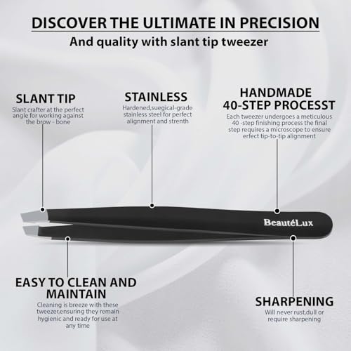 BeautéLux Black Premium Slant Tip Eyebrow Tweezer – Stainless Steel, Leather Case