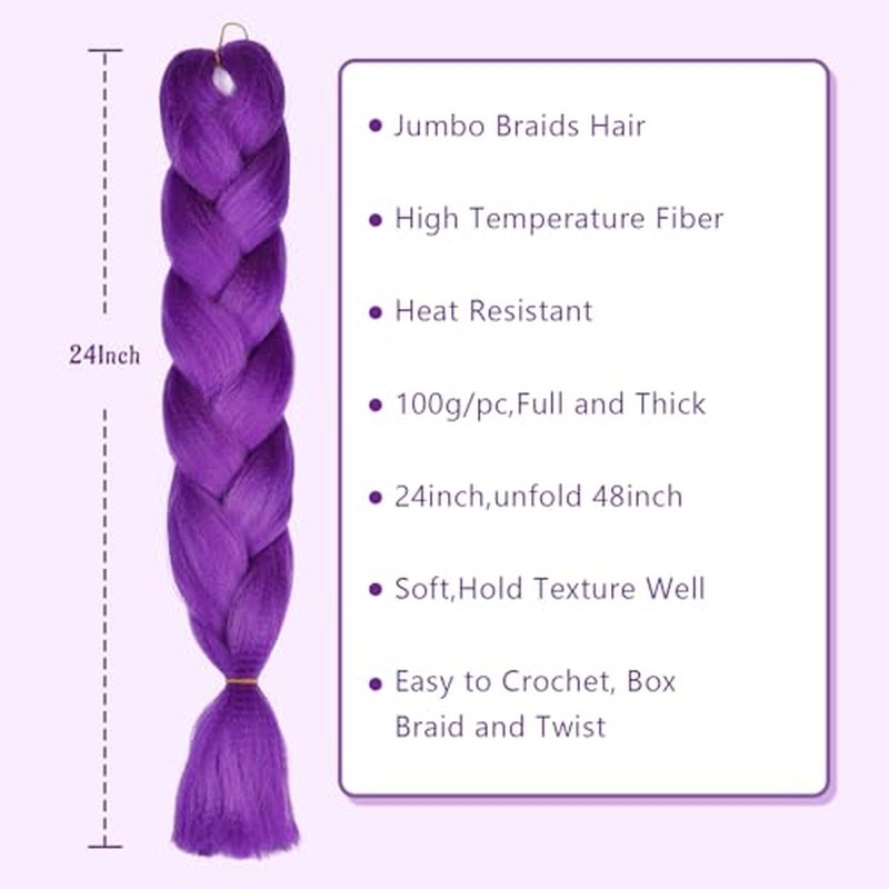 24-Inch Purple Braiding Hair Extensions - 2 Packs Jumbo Prestretched