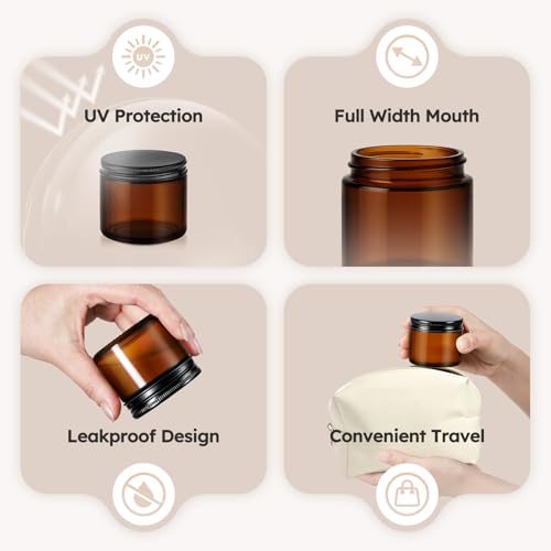 2 oz Amber Glass Jars with Black Lids, 6 Pack