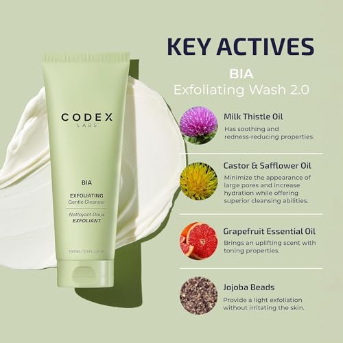 Codex Labs Bia Exfoliating Face Wash 2.0 - Gentle Facial Cleanser for Women, Dry & Sensitive Skin - Vegan Face Cleanser with Jojoba & Milk Thistle, All Skin Types, Cruelty-Free Skincare (3.4oz)