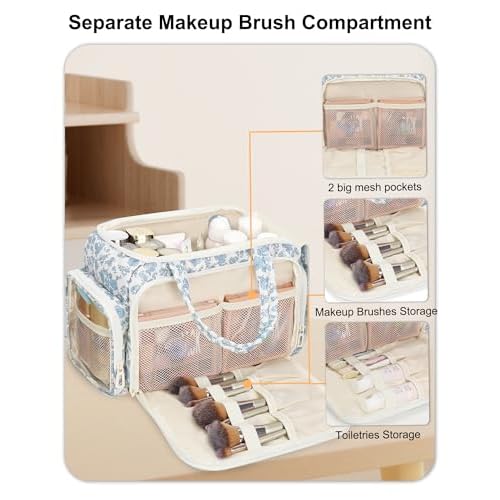 Travel Makeup Bag, Lightweight Wide-open Toiletries Bag for Women, Large Cosmetic Organizer Bag with Makeup Brushes Compartment for Travel-Sized Essentials for Trip, Camping - Blue Flower