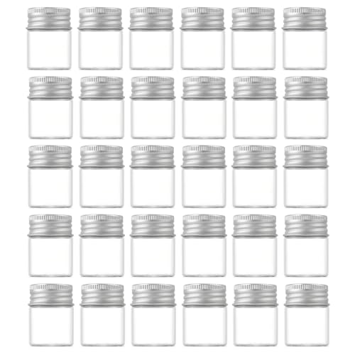30 Pack 15ml/0.5Oz Clear Glass Jars with Aluminum Screw Lids Small Refillable Bottles Leakproof Empty Mini Containers for Samples, Spices, Beads, Cosmetics, DIY Crafts (4cm x 3cm)