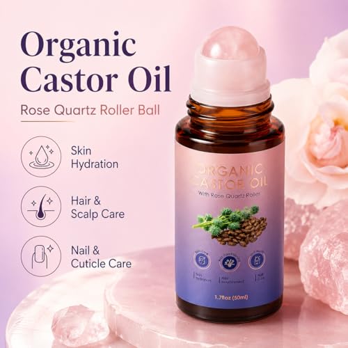 Organic Cold Pressed Castor Oil with Rose Quartz Roller for Brows & Lashes