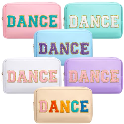 6 Pcs Dance Makeup Bag Chenille Cosmetic Bag with Letter Patches, Waterproof Portable Cheerleader Toiletry Zipper Pouch for Girls Women Teachers Appreciation Gifts (Pastel Colors)