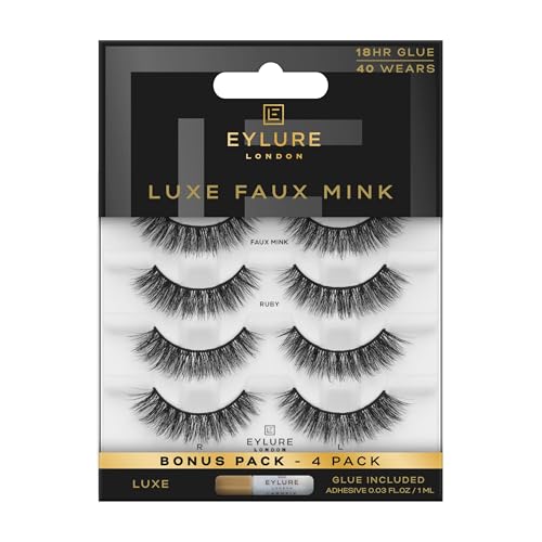 Eylure Luxe Ruby Faux Mink Eyelashes - Reusable Strip Lashes, 4 Pairs