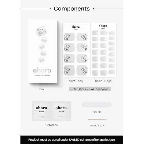 ohora Semi Cured Gel Pedi Strips (P Silky) - Works with Any Nail Lamps, Salon-Quality, Long Lasting, Easy to Apply & Remove - Includes 2 Prep Pads, Nail File & Wooden Stick