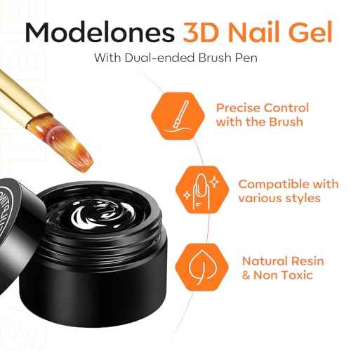 modelones 3D Nail Gel Kit, Gel Nail Art 3D Sculpting Gel with Nails Art Brushes for Chrome Powder for Nails and Rhinestones for DIY at Home & Salon, 9g No Wipe Needed