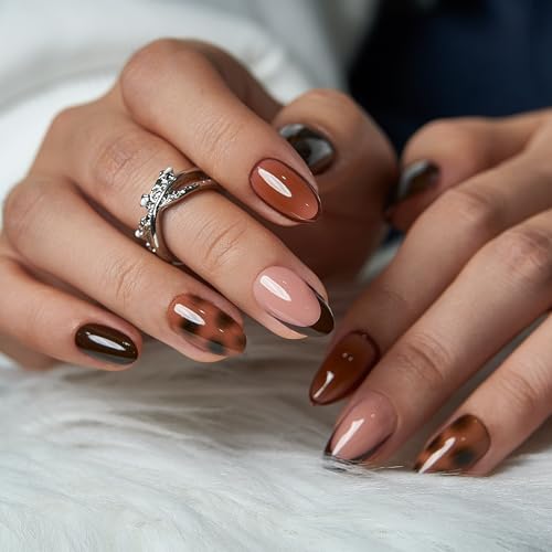 CurvLife Medium Almond French Tip Press On Nails – Tortoise Brown Soft Gel