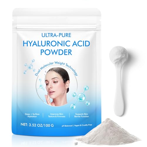 Hyaluronic Acid Powder for Skin & Face, Hyaluronic Acid Serum Powder, High & Low Molecular Weight, Water Soluble, DIY Serums for All Skin Types Hydration and Moisture, Includes Scoop (3.52Oz/100g)