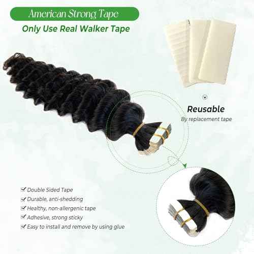 Tape in Hair Extensions Human Hair Deep Wave 26 Inch Black Hair Extensions Real Remy Human Hair Curly Tape ins for Black Women,20pcs Double Sided Invisible Tape Hair Extension 50g/pack