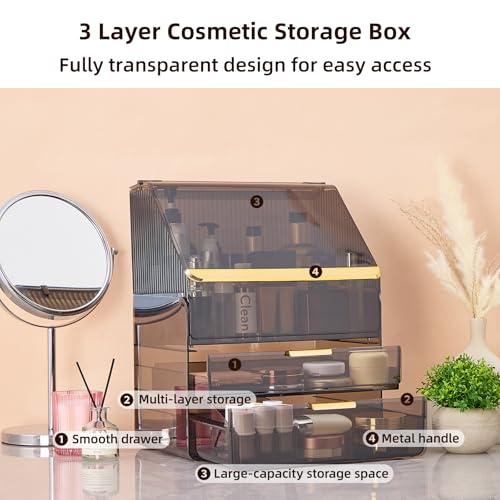 Large 3-Tier Makeup Organizer with Drawers and Lipstick Holder, Dustproof Waterproof Skincare Storage Box for Bathroom Countertop, Vanity Cosmetic Organizer,Clear Black
