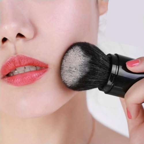 Retractable Kabuki Makeup Brush - Premium Goat Hairs Blush Brushes Great for Blending Liquid, Cream, Mineral Cosmetics or Translucent Powder (Black - Goat Hairs)