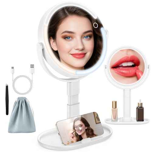 15X/1X Makeup Mirror with Lights, 4000mAh Vanity Mirror with 3 Lighting and Adjustable Brightness, 2-Sided Height Adjustable Lighted Magnifying Mirror, Make Up Mirror Gifts for Elder Women