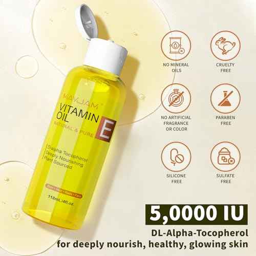 MAYJAM Organic Vitamin E Oil 50,000 IU for Skin, Pure & Natural Vitamine oils for Scars Hair, Face, Nail, Scalp Bath and Body Oil, Tocopherol to Repair Damaged Skin, Moisturizing Dry Skin, 4 Fl Oz