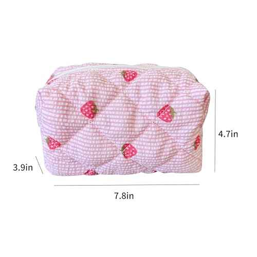 Cotton Quilted Makeup Bag Coquette Accessories Make up Bag Organizer Cute Floral Cosmetic Pouch Travel Makeup Bag for Women strawberry
