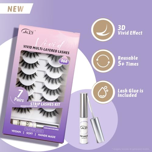 False Eyelashes Kit 7 Pairs with Lash Glue & Reusable Faux Mink