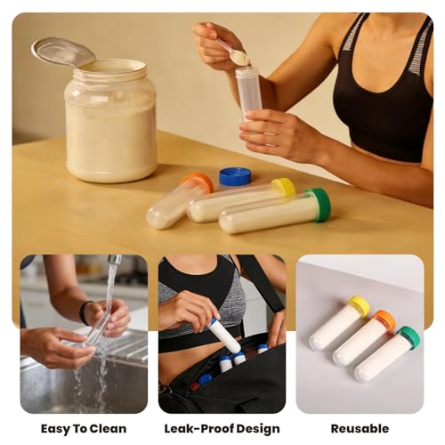 Protein Powder Travel Container Set 12 Pack ? 8x50ml & 4x100ml Leak Proof Reusable Supplement Powder Container to Go with Funnel & Labels, Portable Gym Protein Storage for Fitness, Work, Travel