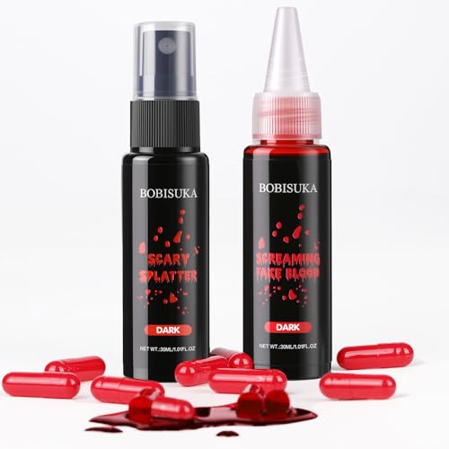BOBISUKA Halloween Fake Blood Set - Fake Blood Spray & Dark Fake Blood with 10 Empty Fillable Blood Capsules, Realistic Washable Makeup Blood for Halloween Cosplay Theater SFX Makeup