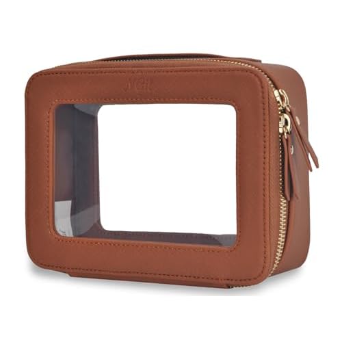 NGIL Clear Faux Leather Travel Toiletry Bag, Makeup Bag Organizer for Women, Clear Window & Gold Zipper Makeup Bag, Road Trip Essential, Skincare, Cruise Ship Essentials (Brown)