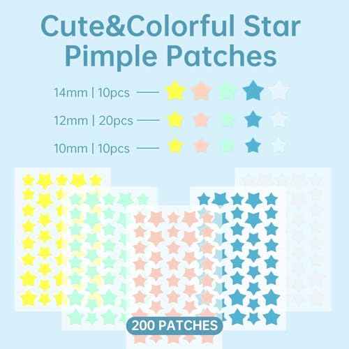 200 Count Star Pimple Patches for Face, Hydrocolloid Acne Pimple Patches with Tea Tree Oil for Party Gift Covering Zits Blemishes