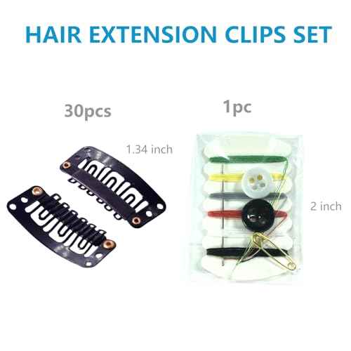 30 Pieces Wig Clips to Secure, Flat Hair Clip, Hair Extension Clip with Thread Kit, Hair Extensions Clip for Women, Bangs Hair Clip DIY Set for Kids and Pets, Black Chunni Clips