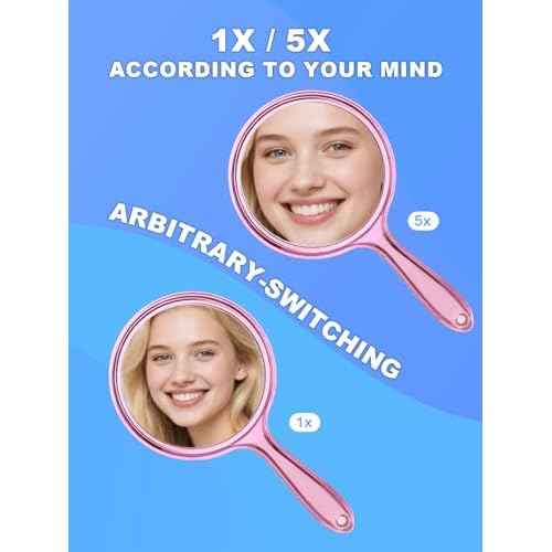 Handheld Mirror with Handle, 10.5 x 5.7 inches, Double-Sided 1X/5X Magnification Travel Makeup Mirror for Women, Pink