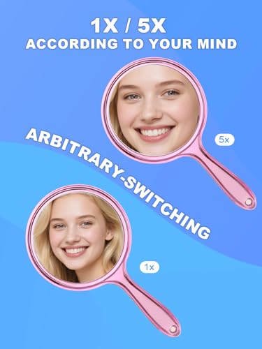 5X Magnifying Hand Mirror with Handle, Dual-Sided 1X/5X