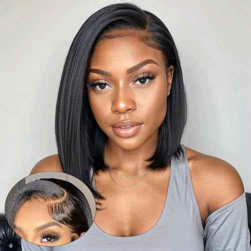 BLY 13x6 HD Lace Front Bob Wig 12 Inch C Part Short Straight Human Hair Wigs Side Part Pre Plucked Glueless Wig for Women Natural Black Color 180 Density