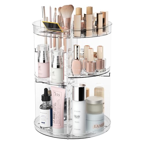 Lulltou 360 Rotating Makeup Organizer, Spinning Skincare Organizers with Slot Top, Cosmetic Storage Shelf with 8 Adjustable Layers, Revolving Perfume Organizer for Vanity Bathroom Countertop Bedroom