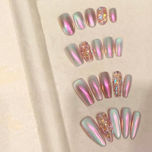 WOMHOPE Press on Nails False Nails Handmade Acrylic Nails for Women and Girls Aurora Power Rhinestone Full Cover 10pcs Almond,Coffin,Oval (Medium Coffin, Large)