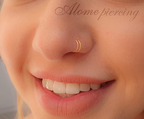 Tiny Gold Double Fake Hoop Nose Ring - Spiral Fake Nose Ring 20 Gauge Snug False Double Nose Piercing FauxThin Nose Piercings Hoops (Gold)