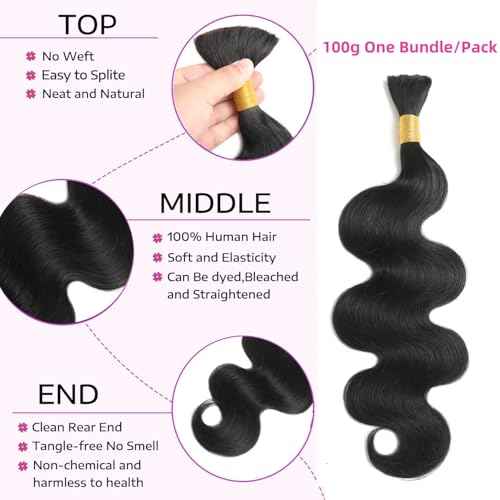 Caijuxing Human Braiding Hair 1 Bundle 100g Body Wave Bulk Human Hair for Braiding No Weft 12A Brazilian Virgin Curly Human Hair Extensions for Boho Braids 100% Remy Human Hair Extensions (22 Inch)