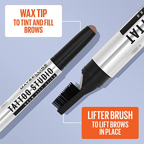 Maybelline TattooStudio Brow Lift Stick Makeup with Tinted Wax Conditioning Complex, Deep Brown, 1 Count