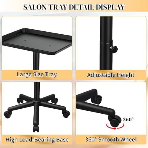 Salon Rolling Tray on Wheels with Adjustable Height - Black